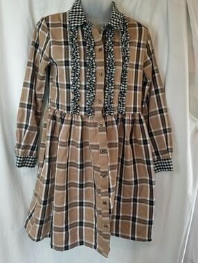 Bonnie Jean Tan and Black Plaid Ruffle-Trim Button-Front Dress